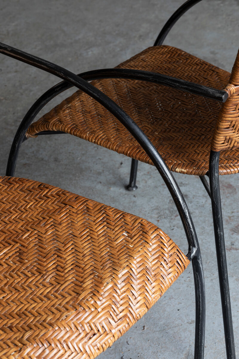 Set of 4 stackable dining chairs in steel and rattan, 1970s