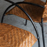 Set of 4 stackable dining chairs in steel and rattan, 1970s
