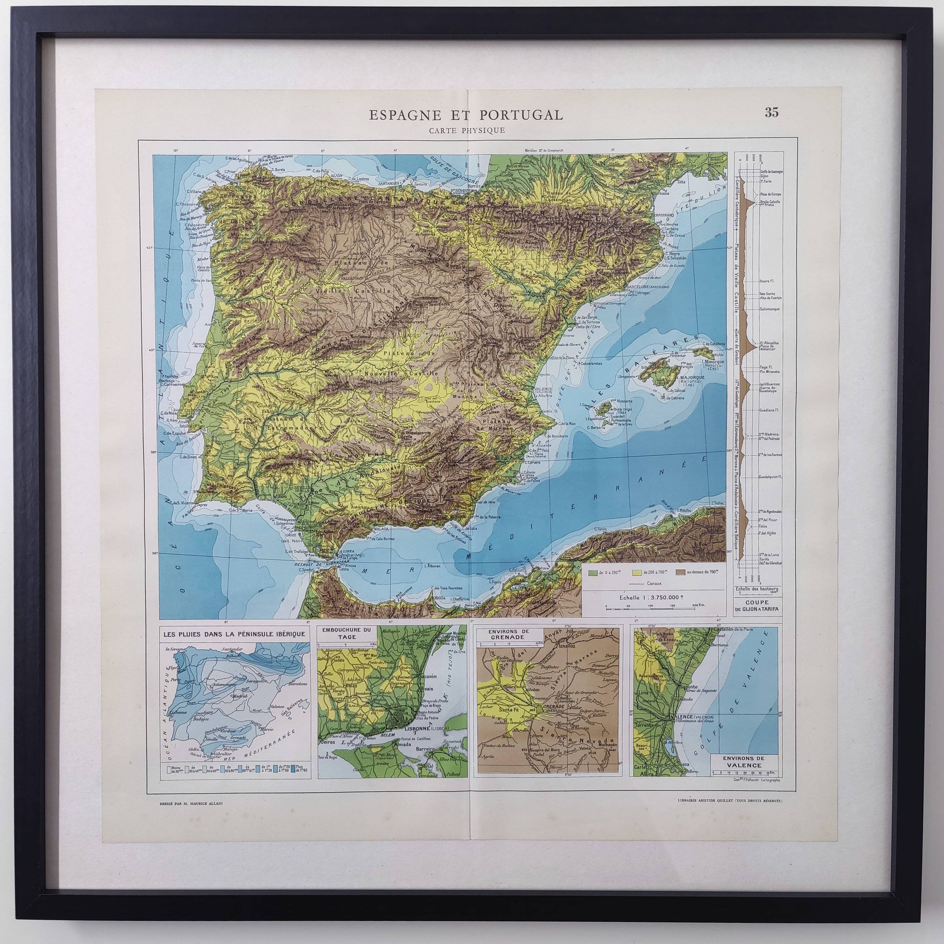 Spain and Portugal map in vintage colors 43x43cm from 1950