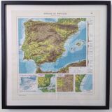 Spain and Portugal map in vintage colors 43x43cm from 1950