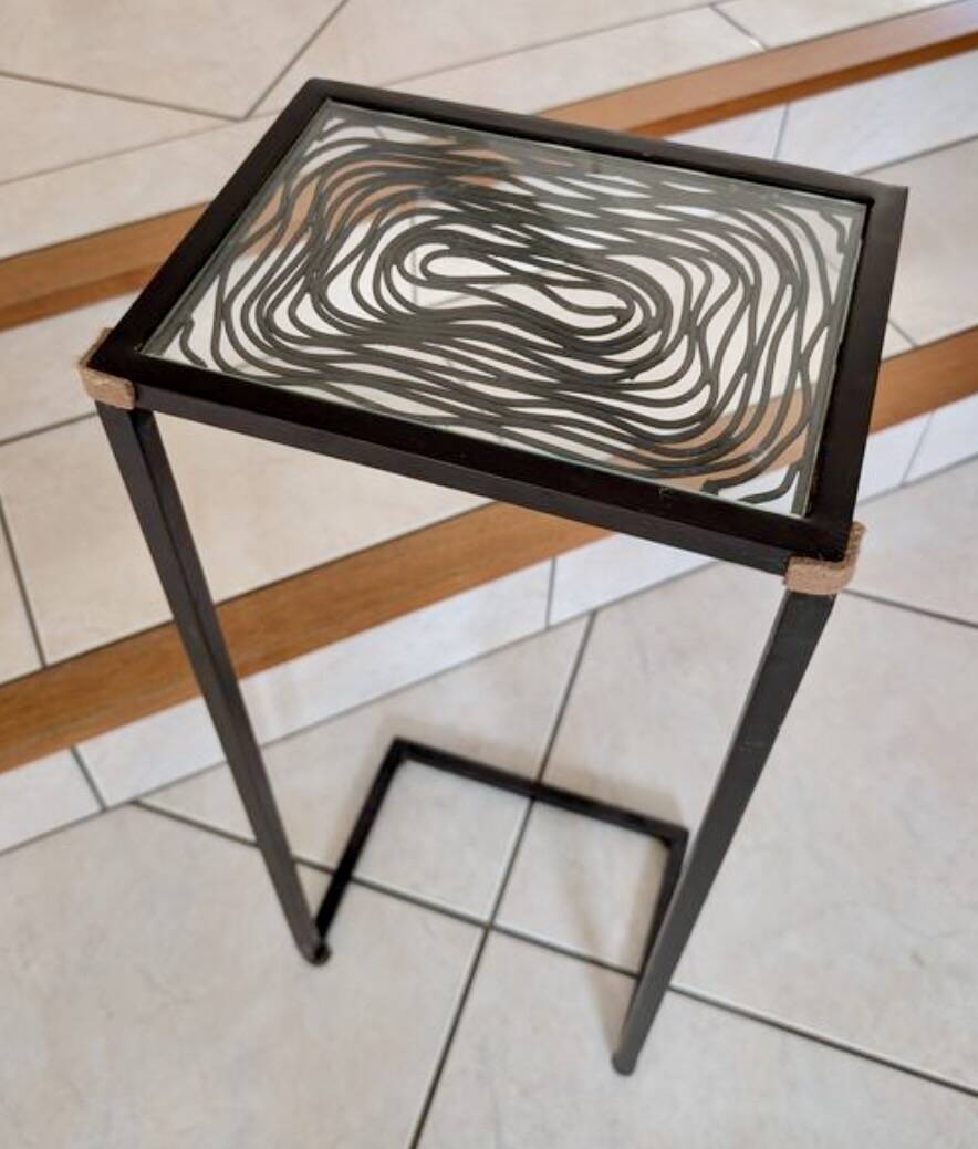 Sellette/table d'appoint fer forgé noir et plateau verre transparent