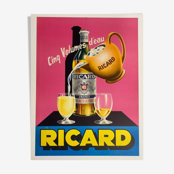 Affiche original Ricard cinq volumes d'eau (version rose) en 1960 - Petit Format - On linen
