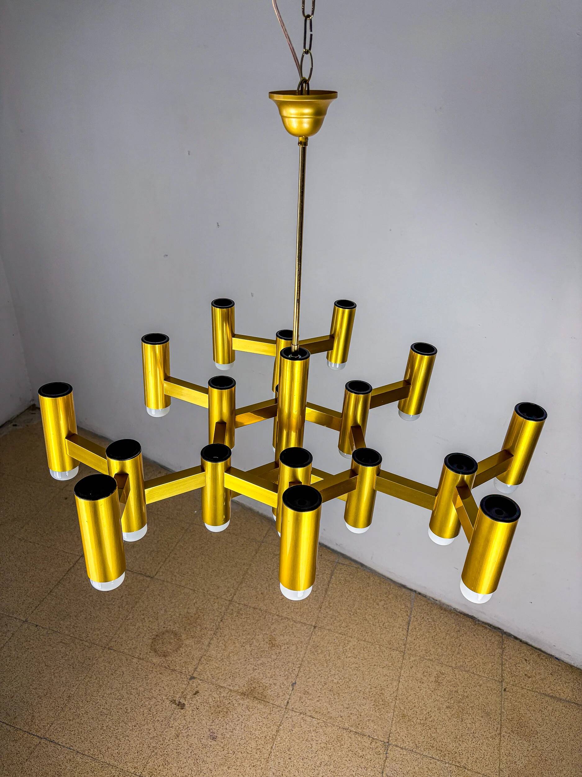 Gaetano Sciolari geometric chandelier, 19 lights, Italy, 1970s
