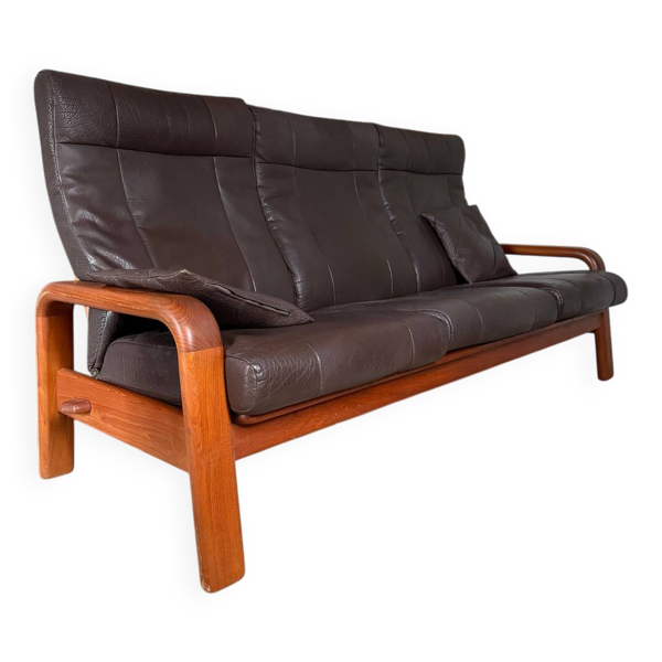 Canapé banquette 3 places scandinave teck et cuir