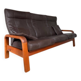 Scandinavian 3-seater teak and leather sofa