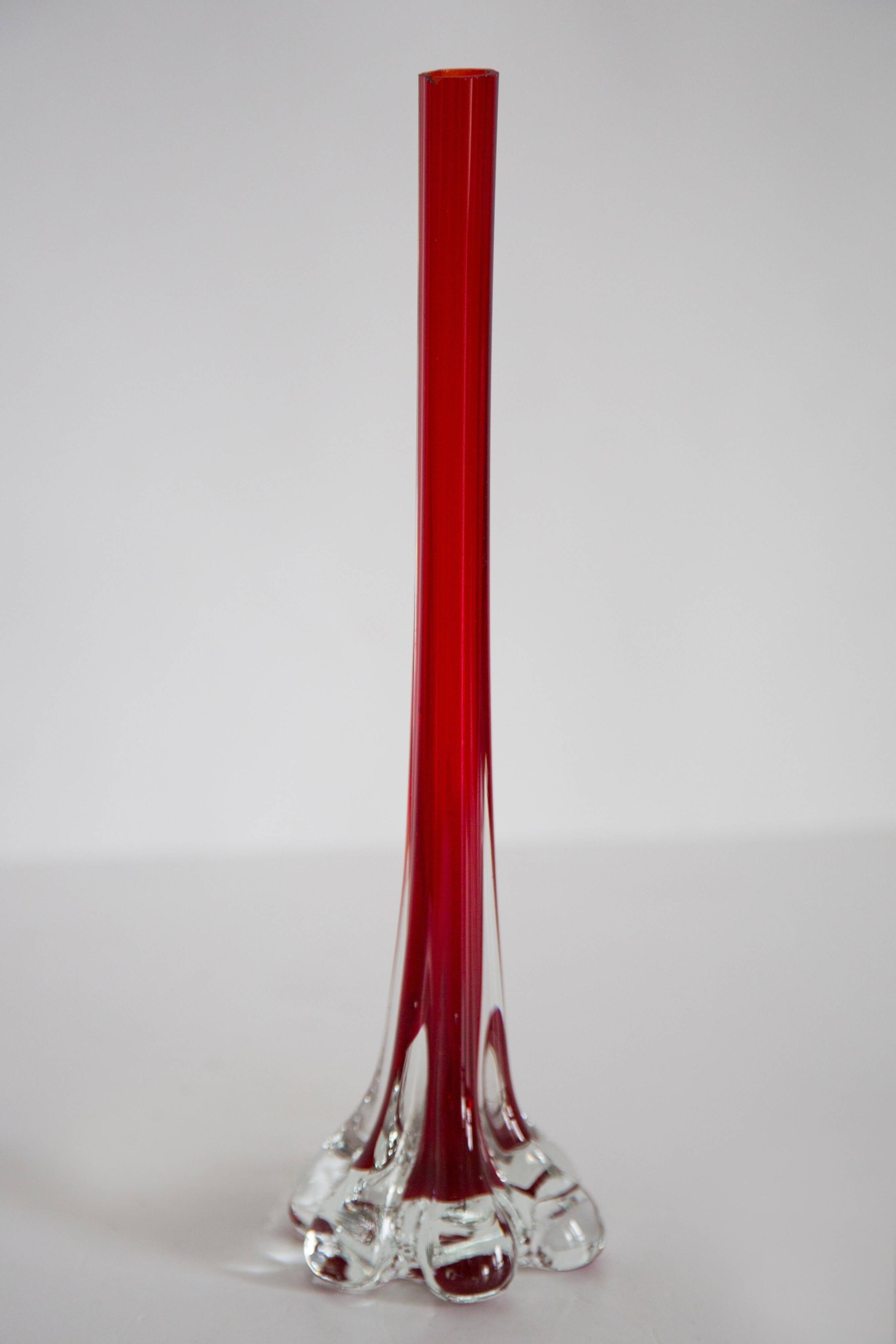 Slim vintage red glass decorative vase, mid-century, Europe, 1960s.