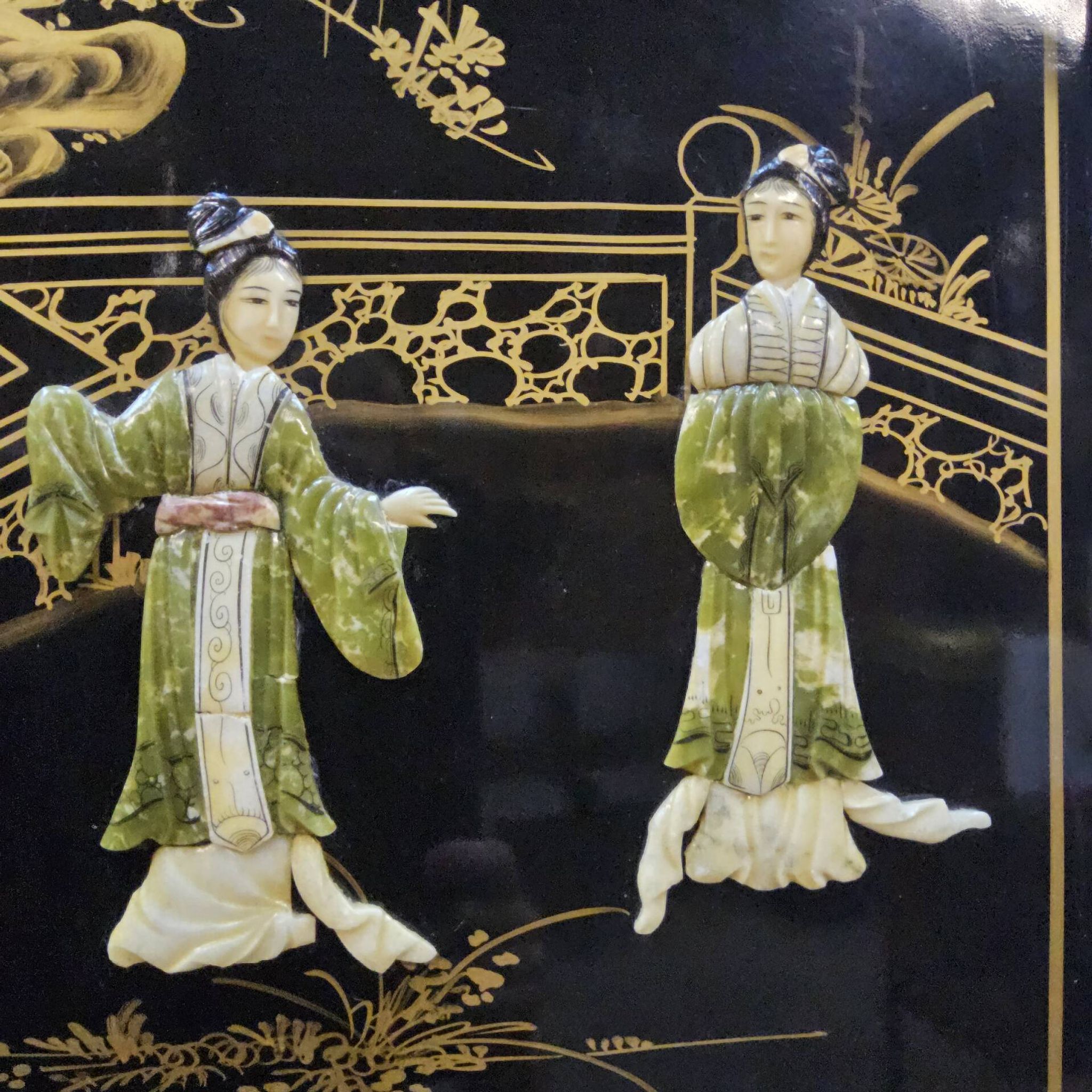 Vintage Chinese black lacquer cabinet soapstone, mother-of-pearl bohemia