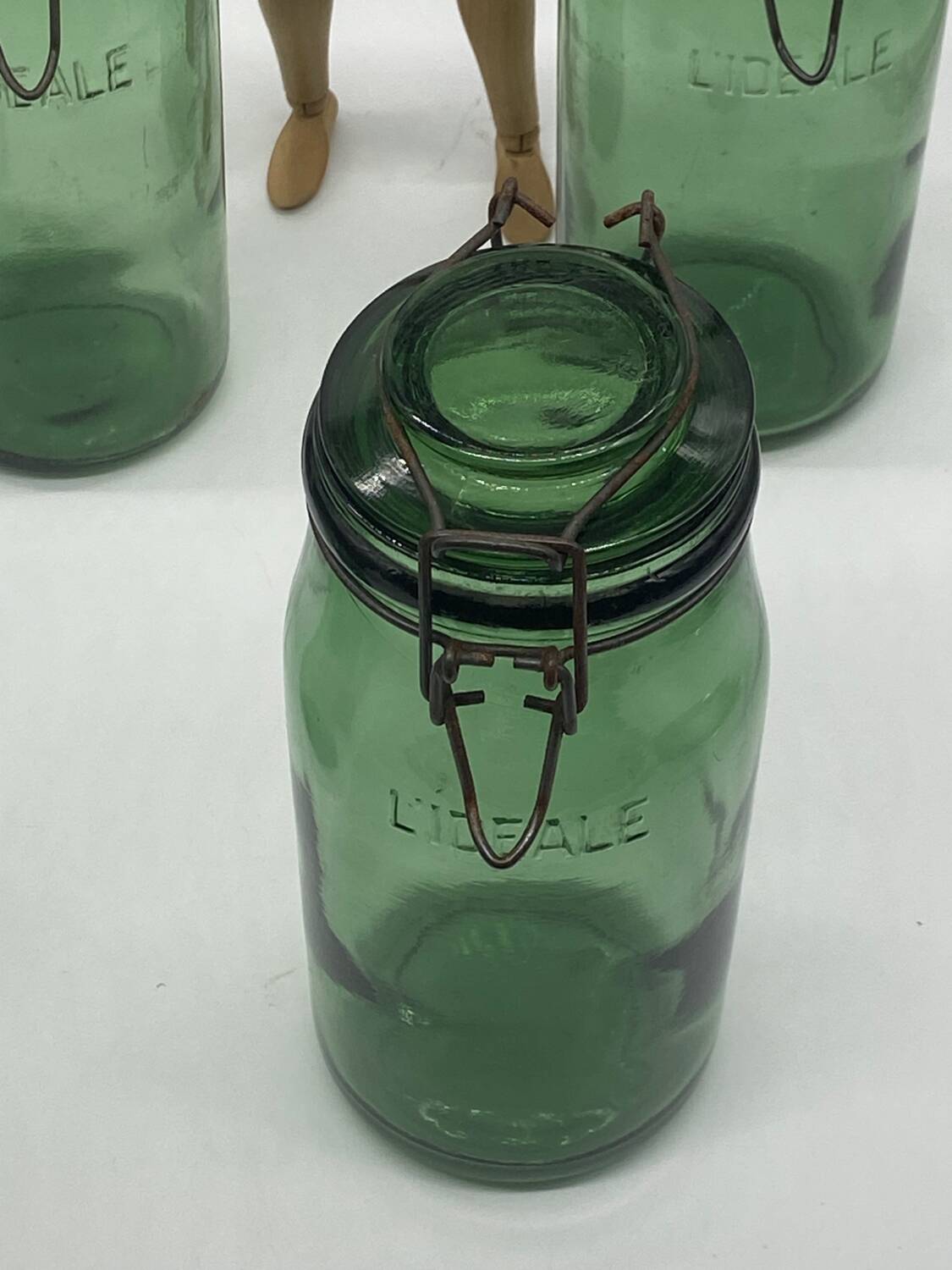 Set of L'ideal jars, old, glass / green