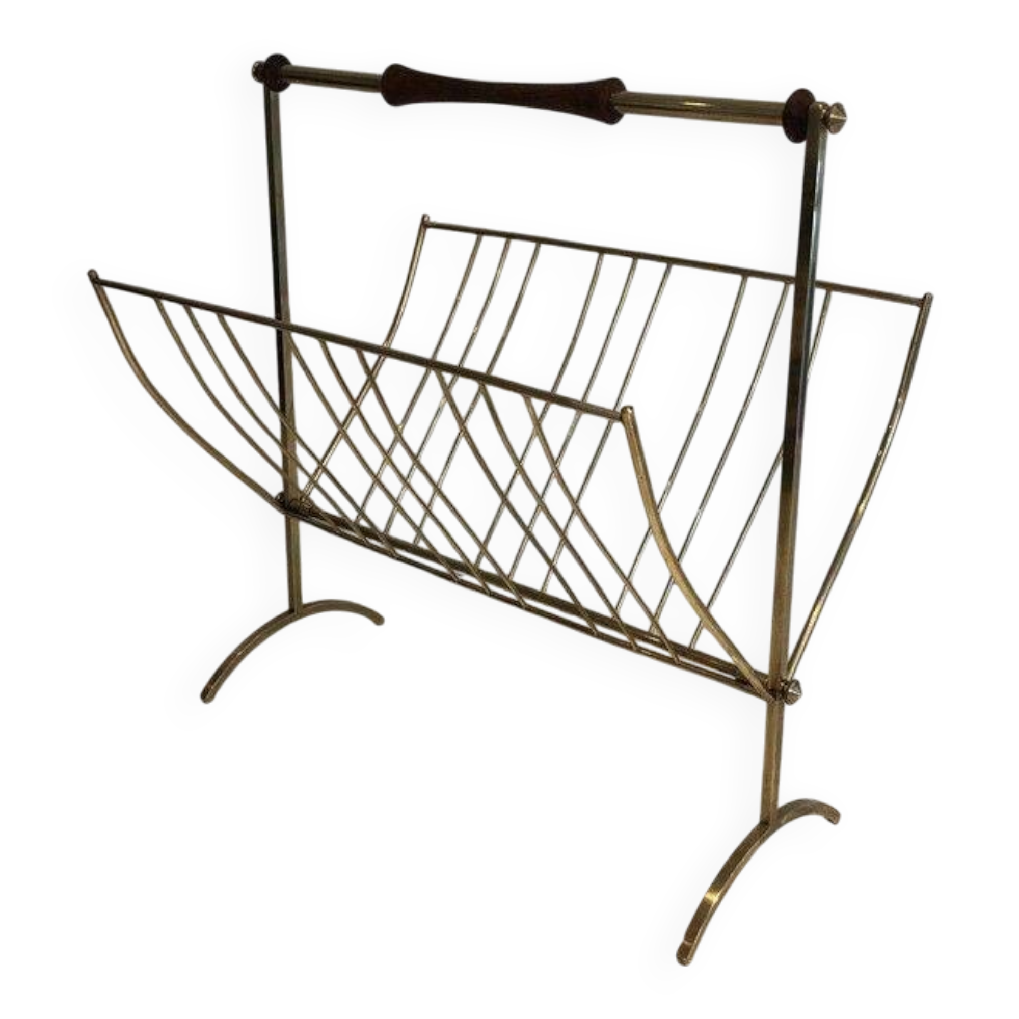 Brass and wood magazine rack, in the style of Cesare Lacca.