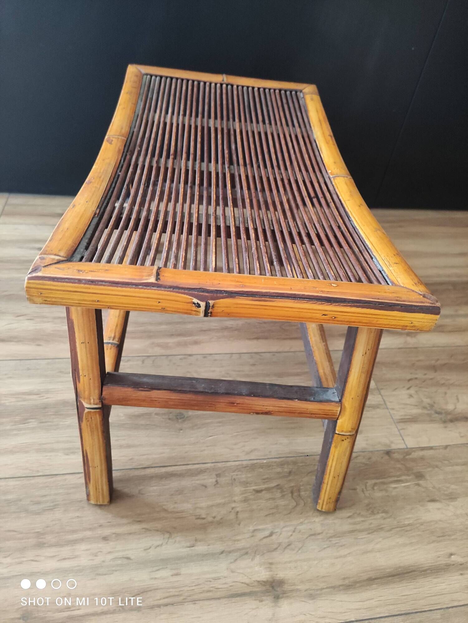Vintage Asian stool or footrest in honey bamboo and brown rattan