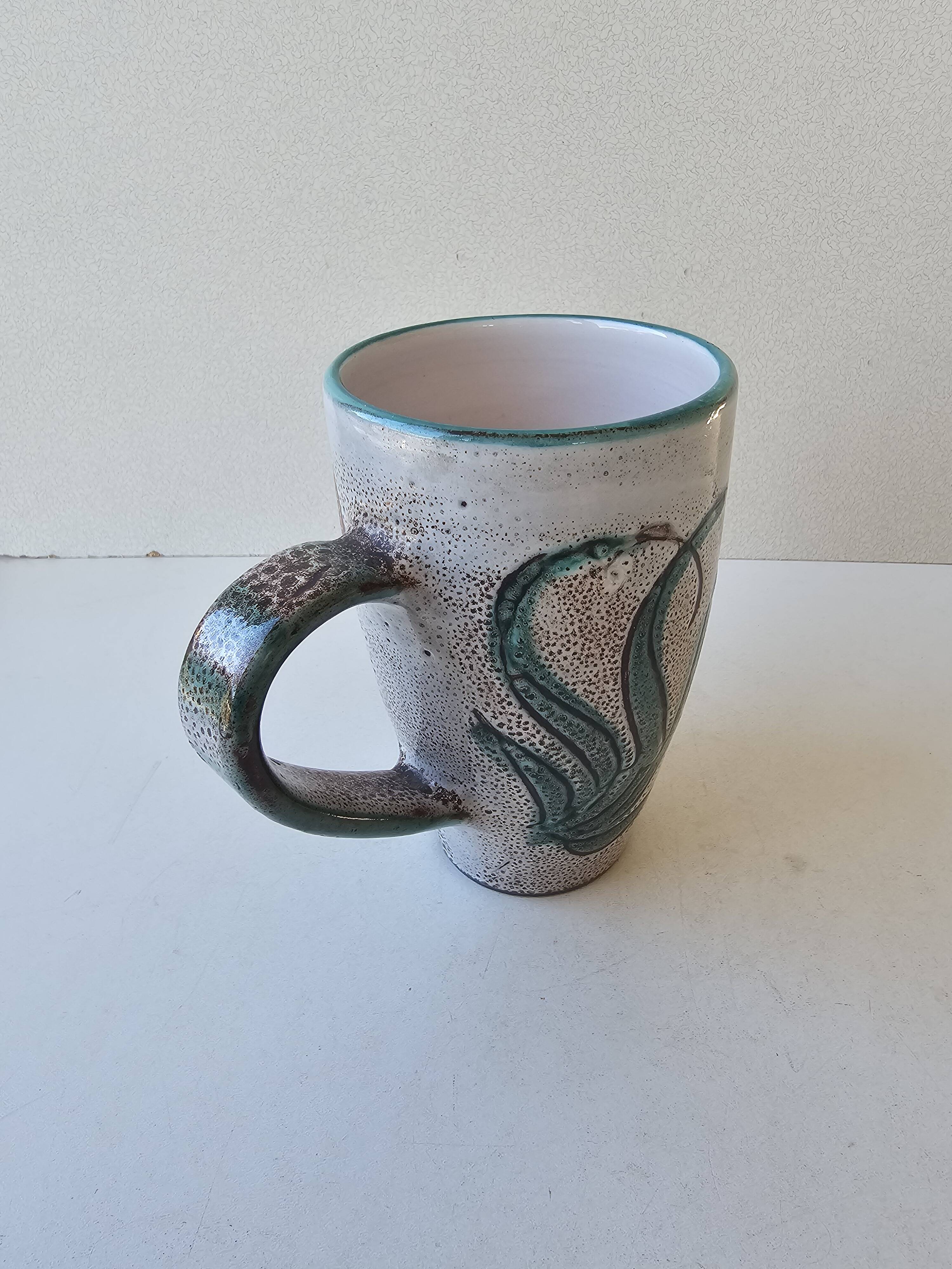Large ceramic mug with fish decoration - Vallauris 1960s