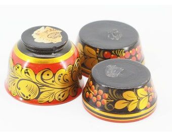 3 cups made of vintage Russian khokhloma wood