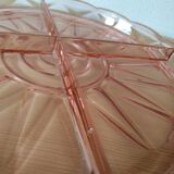 Plat de service à compartiments en verre pressé rose Art Déco