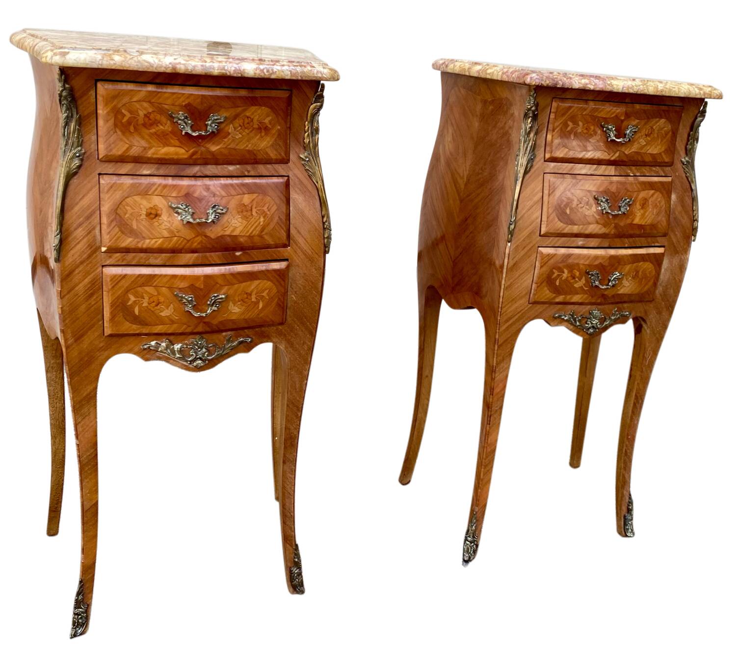 Pair of bedside tables in marquetry – veined marble top – Louis XV style