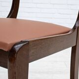 1970s, reupholstered set of 6 pcs Danish dining chairs, teak wood, camel brown leather.