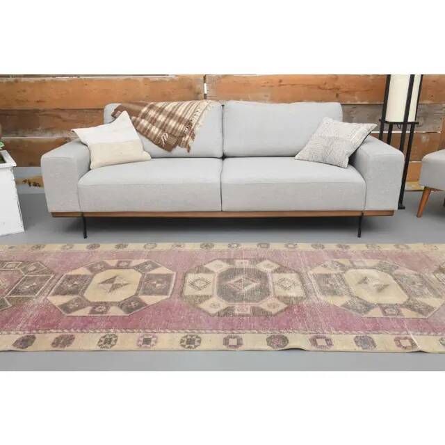 1970s Turkish Hand-Knotted Wool Cotton Pink Runner Rug 104x361