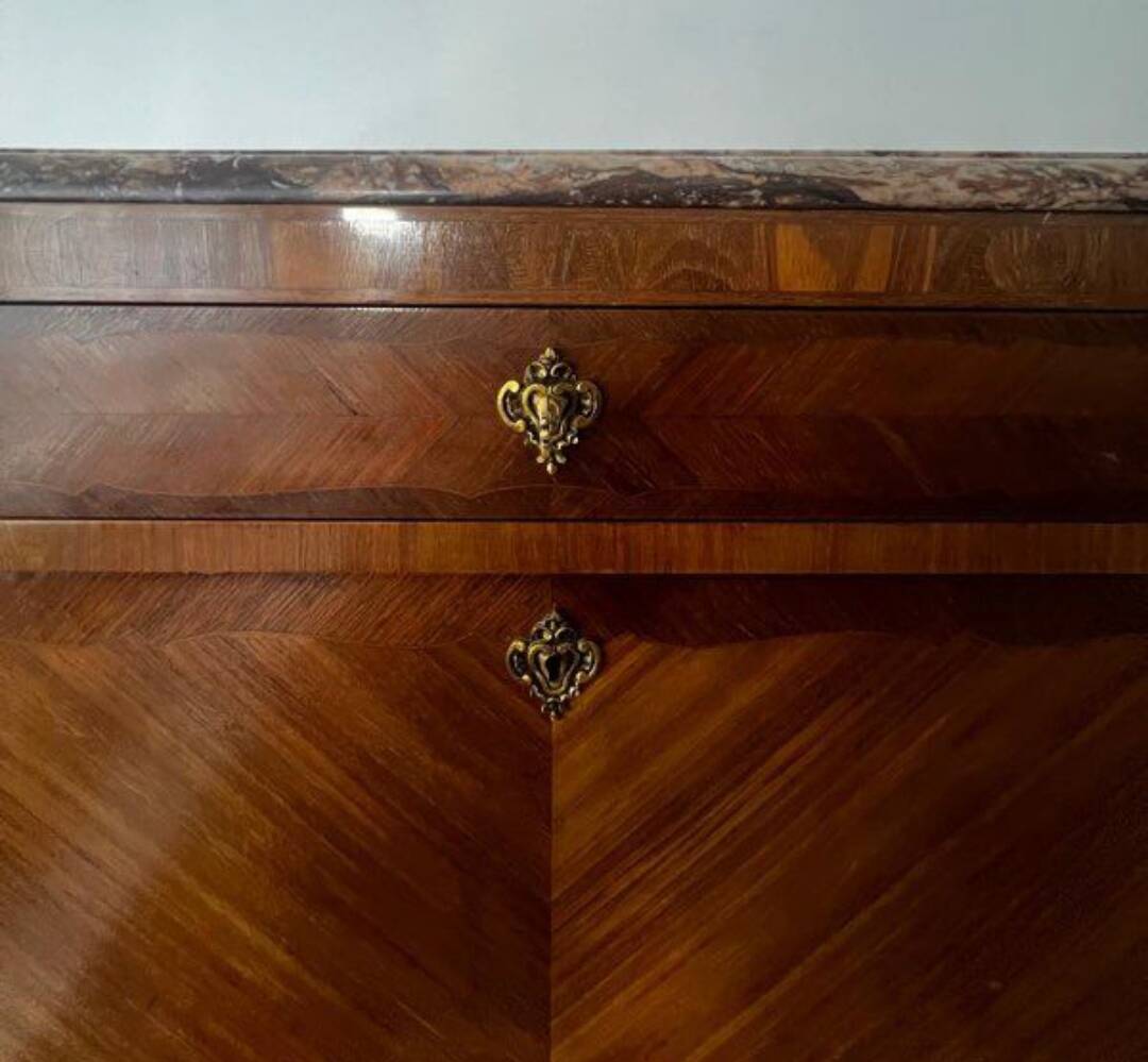 Louis XVI style secretary in marquetry, marble and bronze, 19th/20th century.