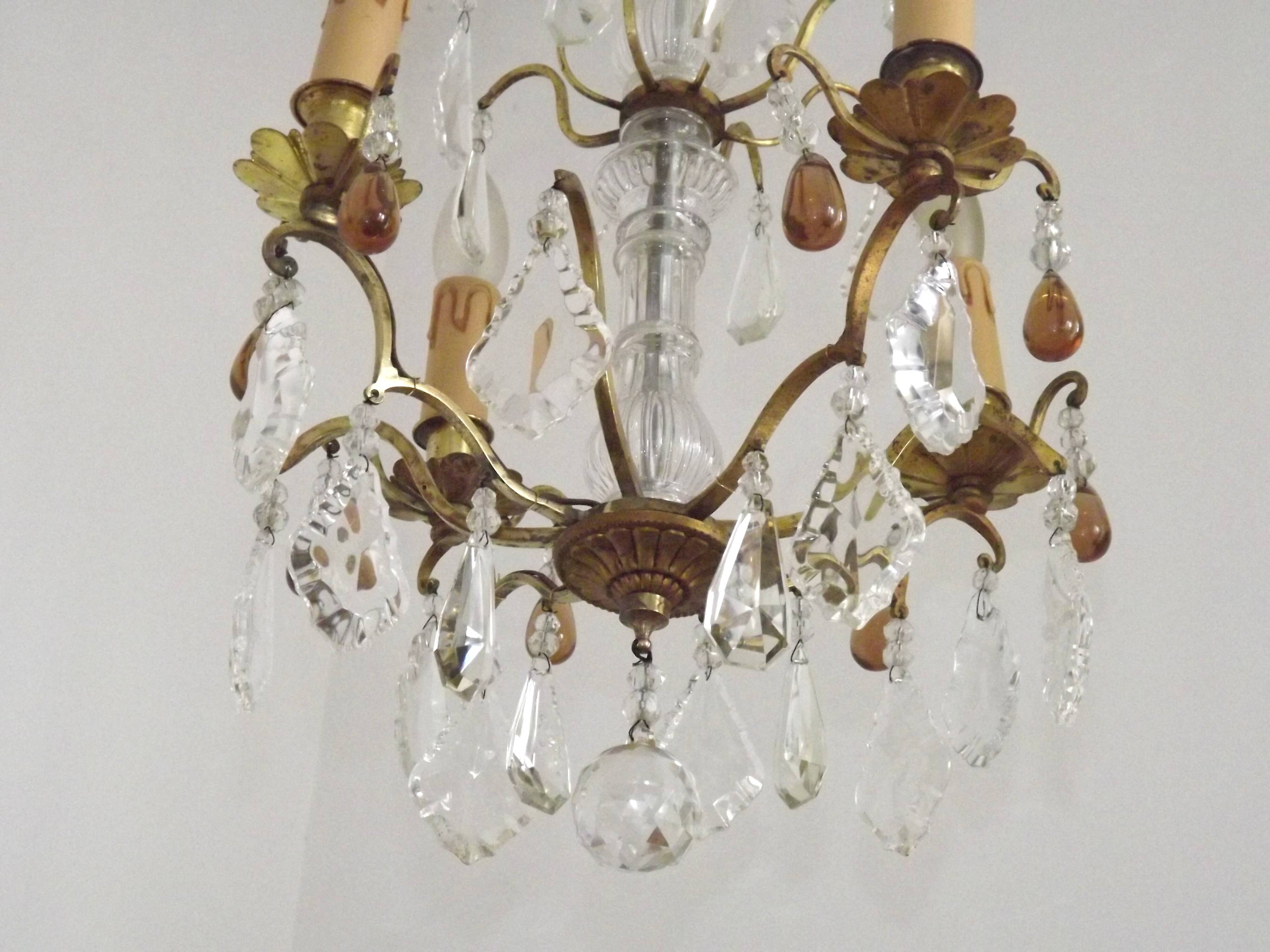 French vintage brass glass crystal 4 light chandelier with Murano droplets 4991