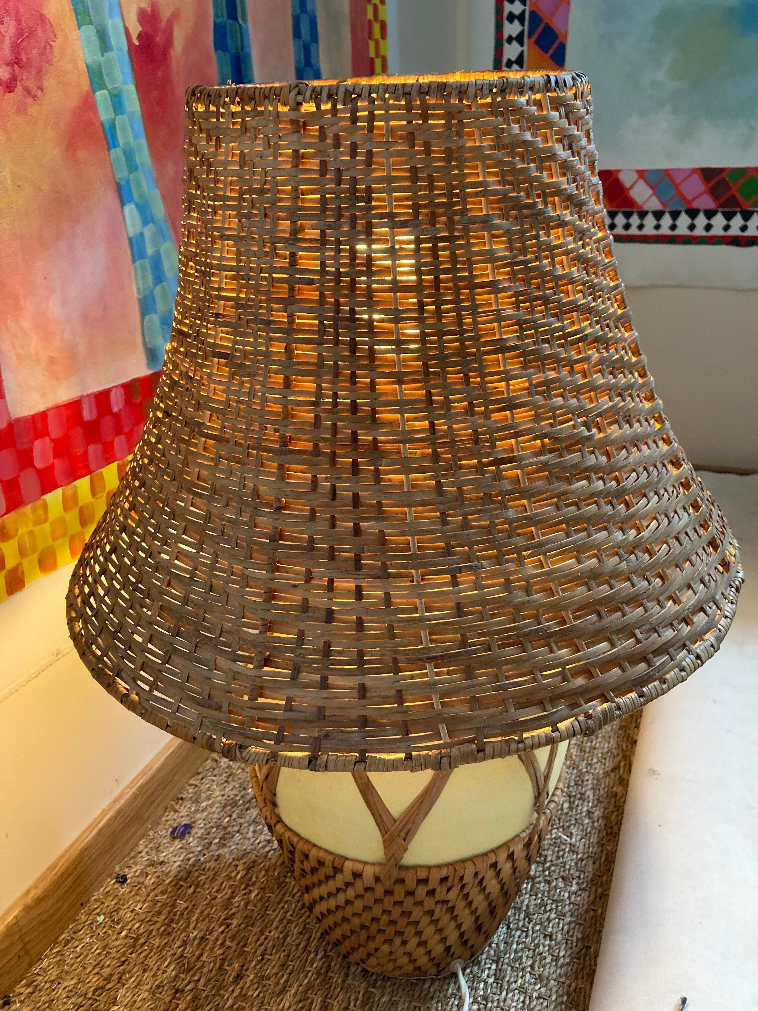 Lamp in rattan and ceramic vintage 1970