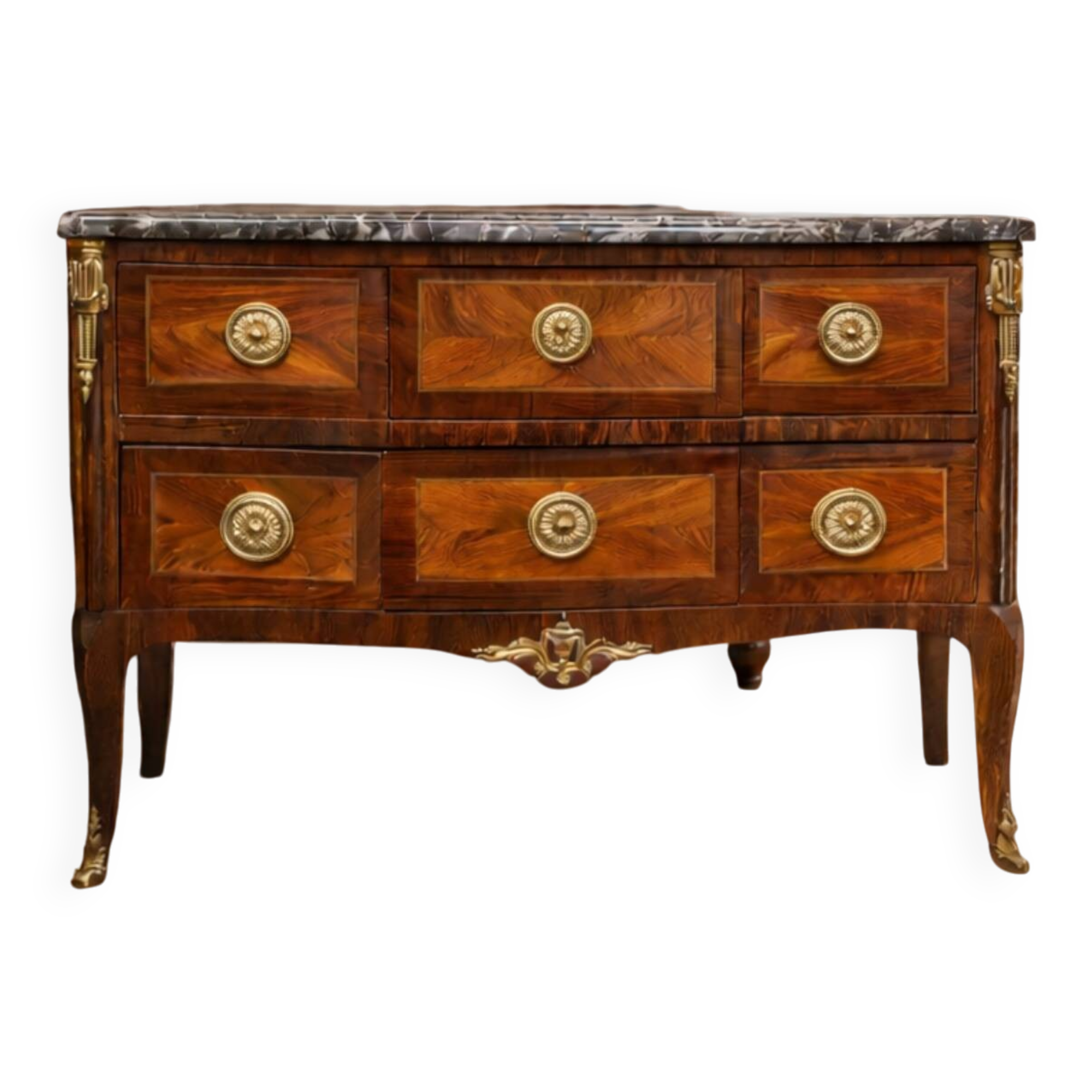 Small Louis XV transitional chest of drawers – precious wood veneer and marble.