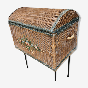 Natural rattan trunk chest patinated blue grey