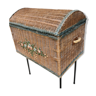 Natural rattan trunk chest patinated blue grey