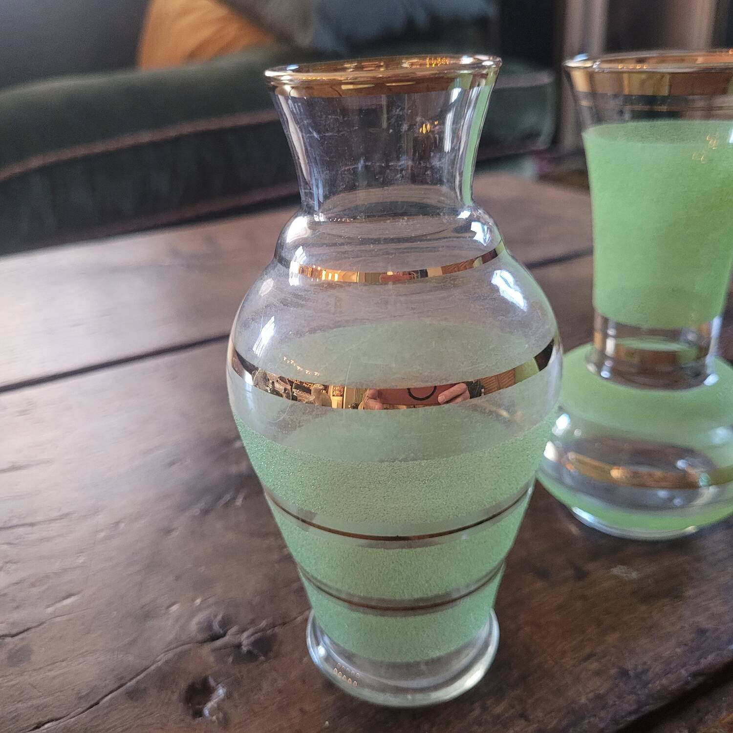 Trio de vases rétro – verre granité vert & doré (années 50/60)
