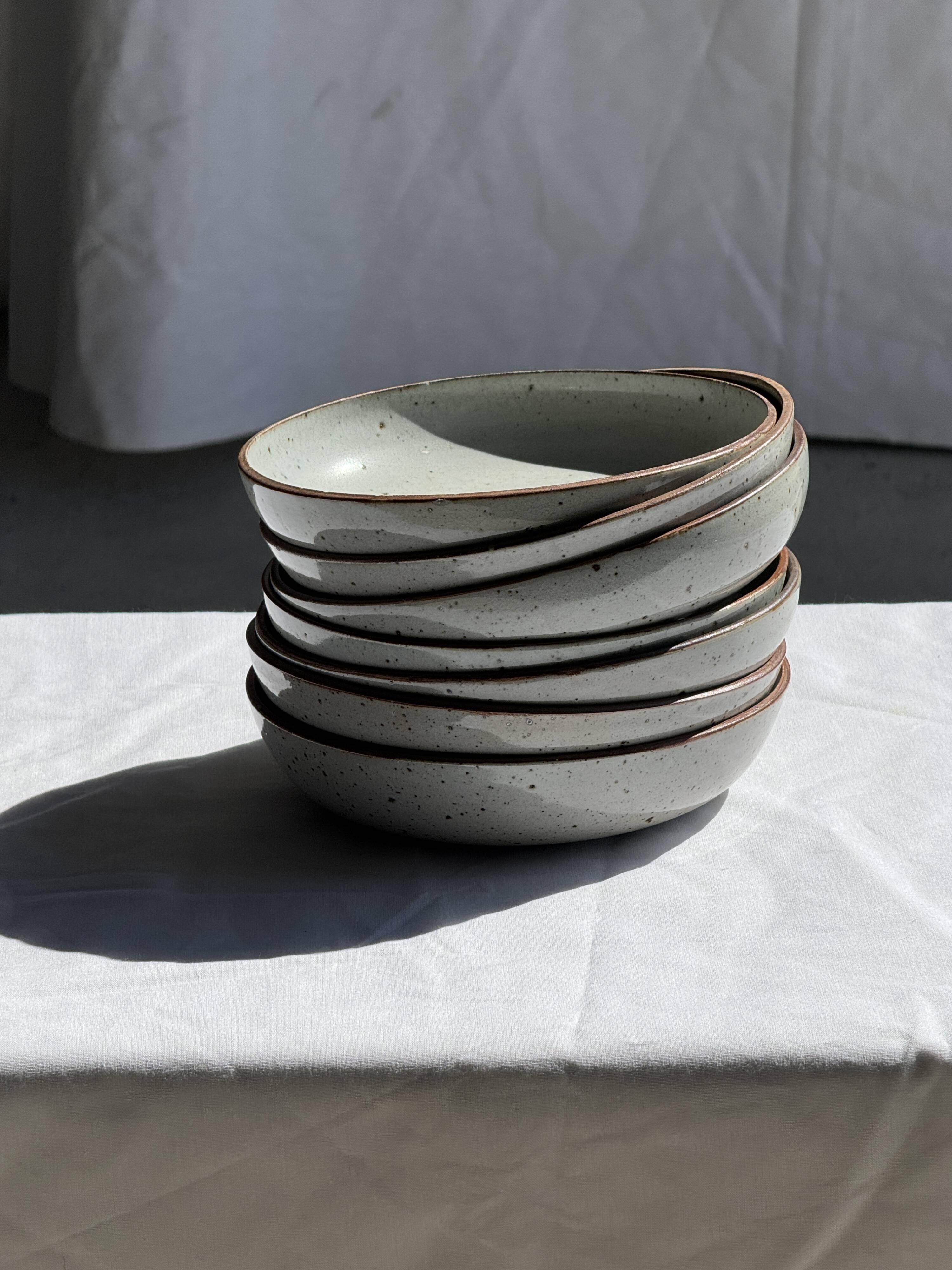 Set of 7 handmade grey glazed ceramic deep plates D18.5 H5.
