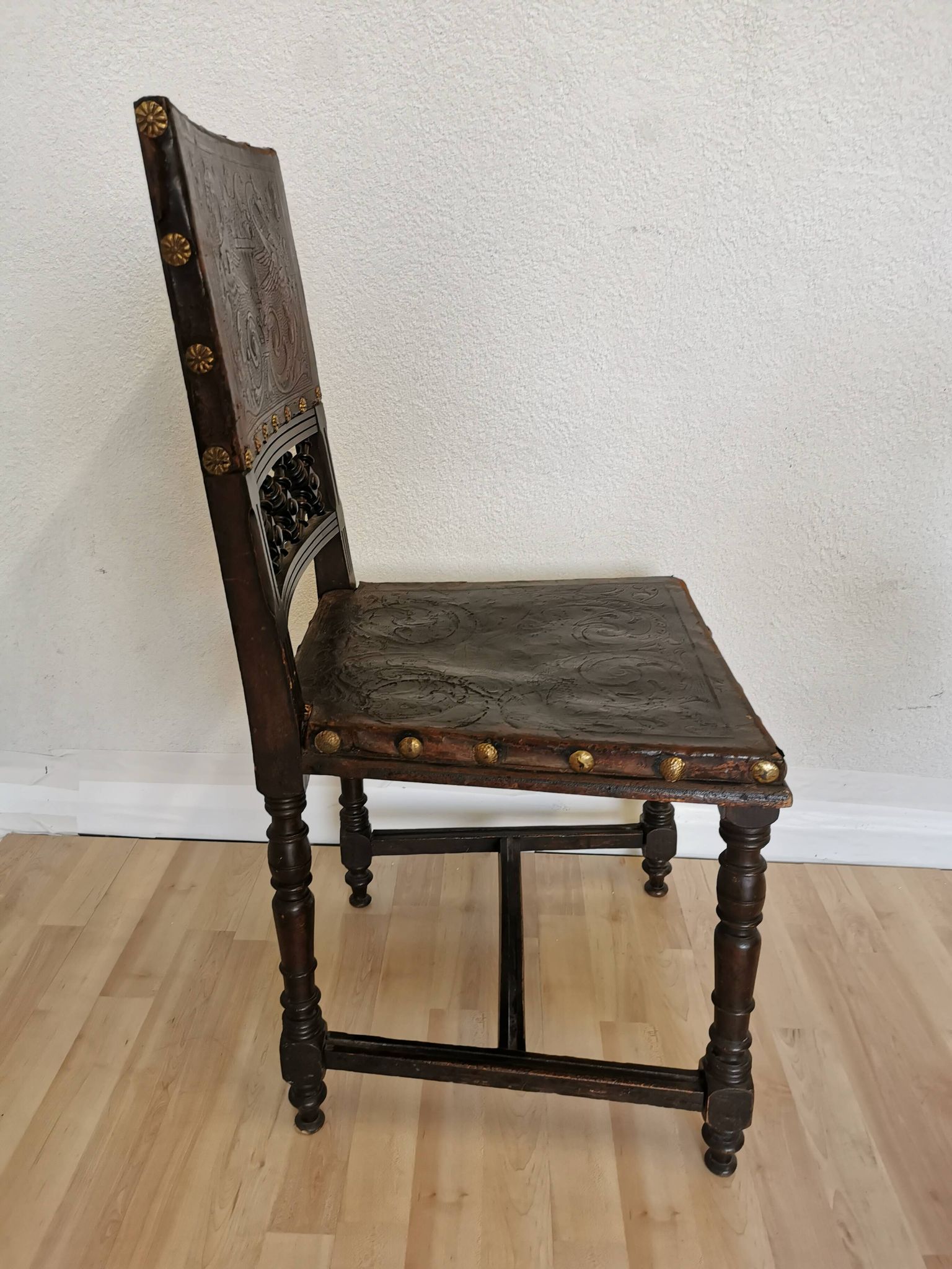 Antique 1930s Leather Dining Chair: Carved Wood Base, Metal Accents