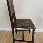 Antique 1930s Leather Dining Chair: Carved Wood Base, Metal Accents
