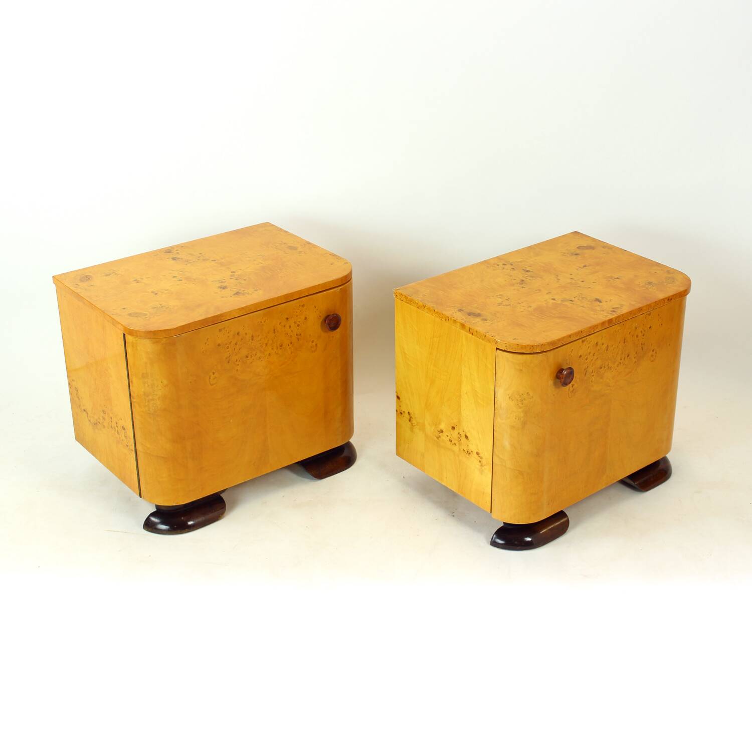Art Deco Bedside Tables In Root Veneer, Czechoslovakia 1940s