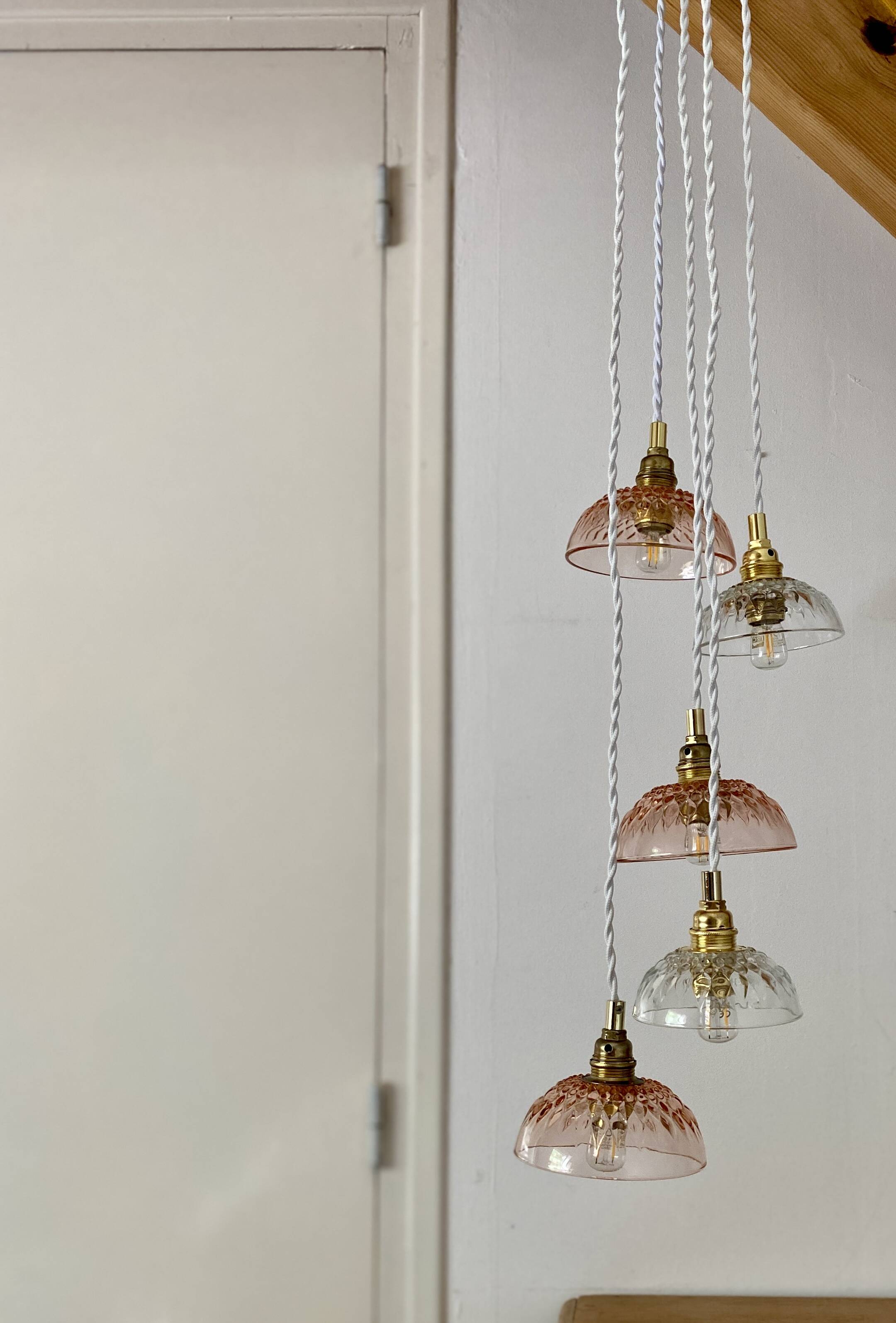 5-light waterfall pendant light with vintage pink and transparent glass shades