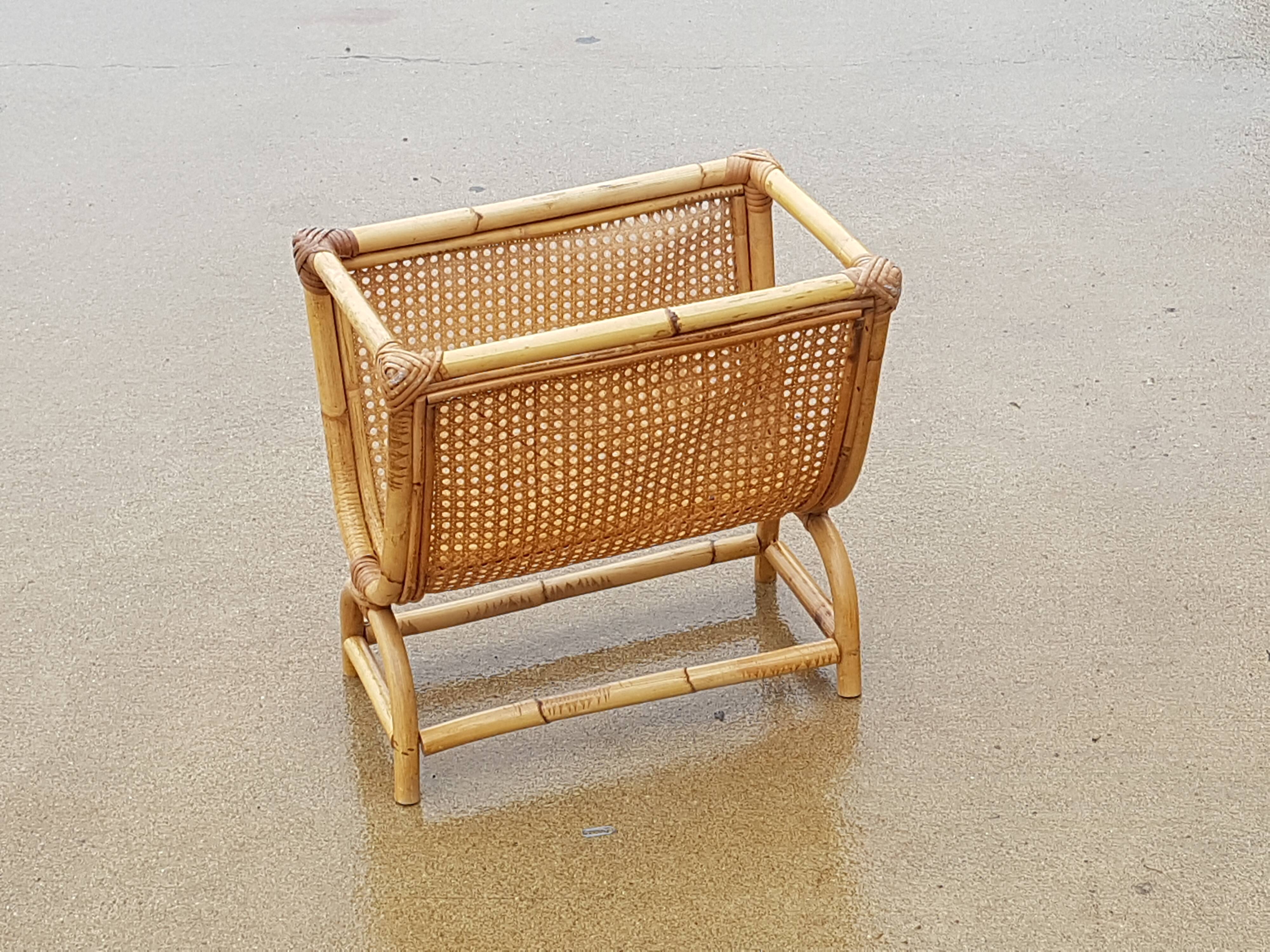 Wicker and rattan magazine rack, year 1980