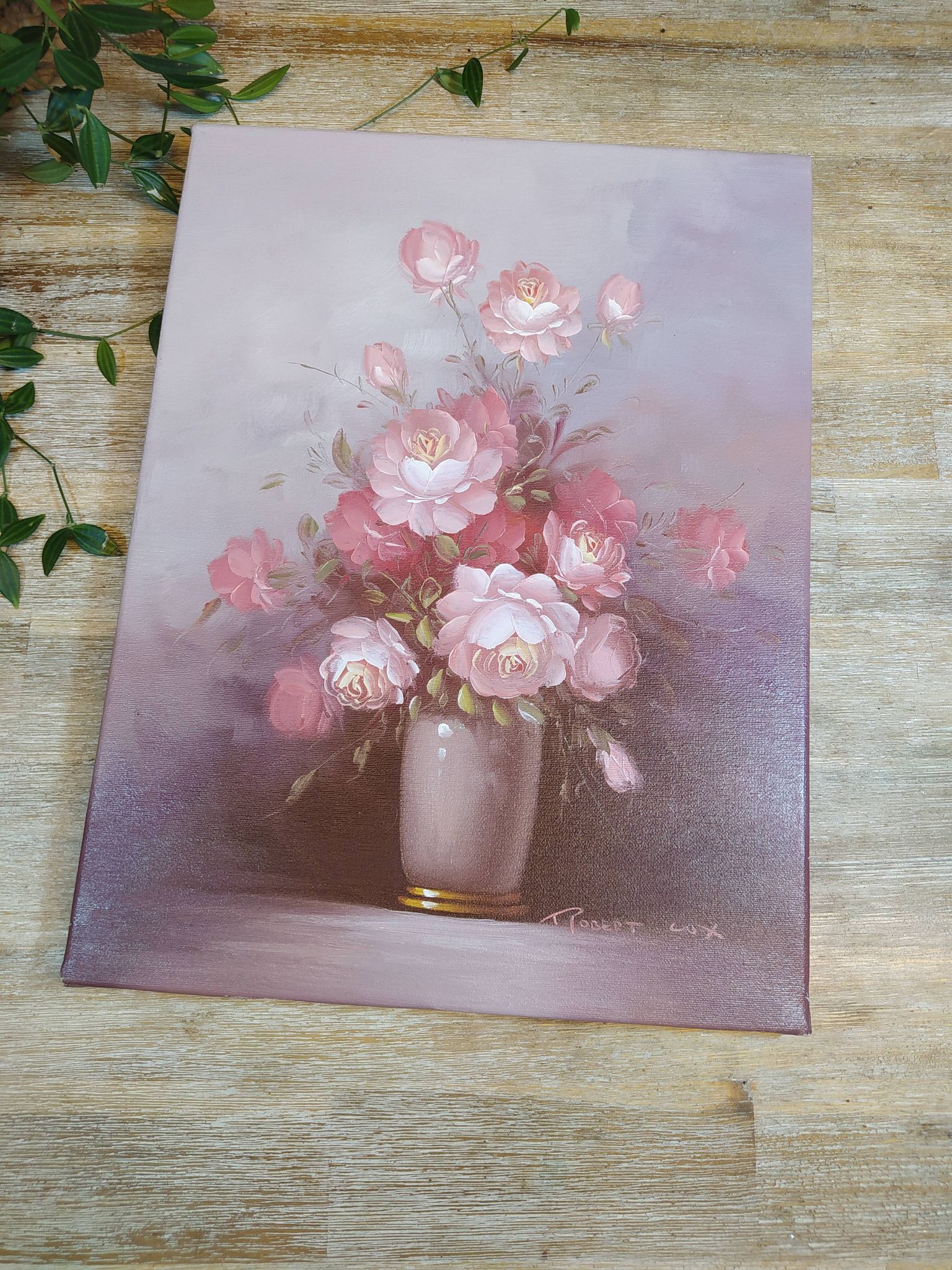 Still life painting bouquet of pink flowers signed Robert Cox