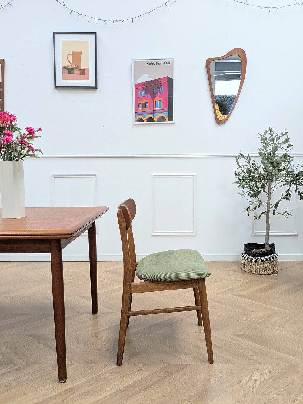 Chaise scandinave teck & tissu vert
