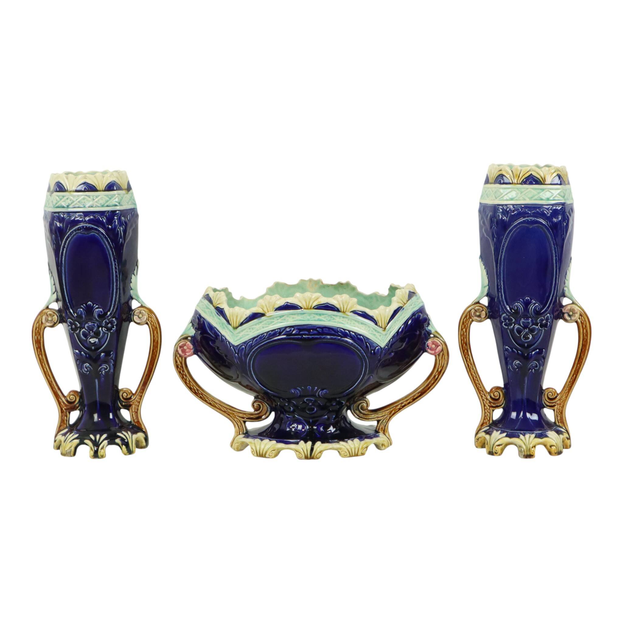 Art Nouveau Barbotine Majolica Vases Jardinière Set of 3