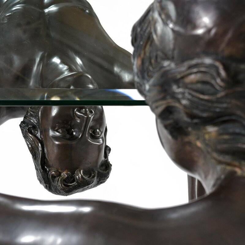 Bronze figural sculpture coffee table with glass top by C. Conndray