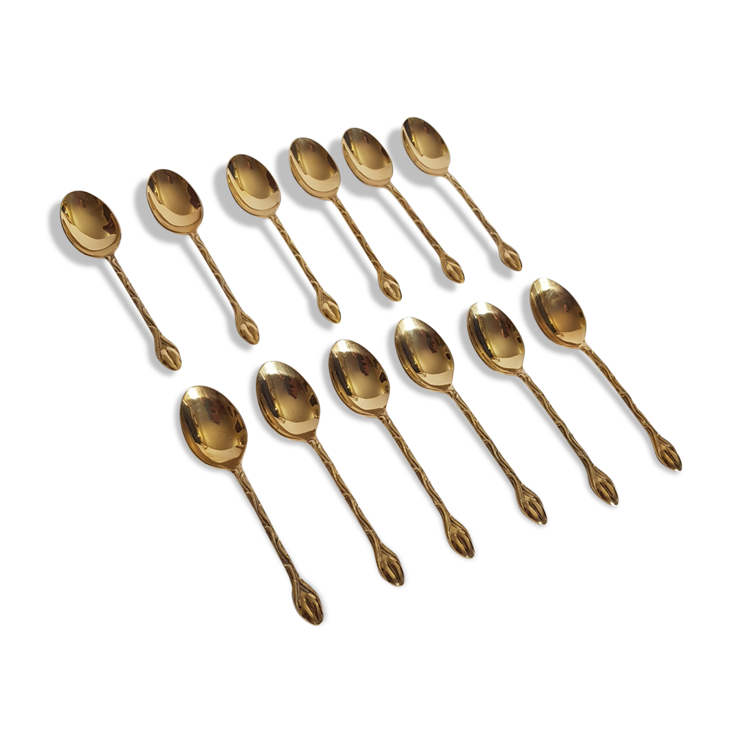 Set of 12 mocha spoons in golden metal with vegetable décor and coffee bean