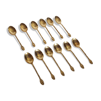 Set of 12 mocha spoons in golden metal with vegetable décor and coffee bean