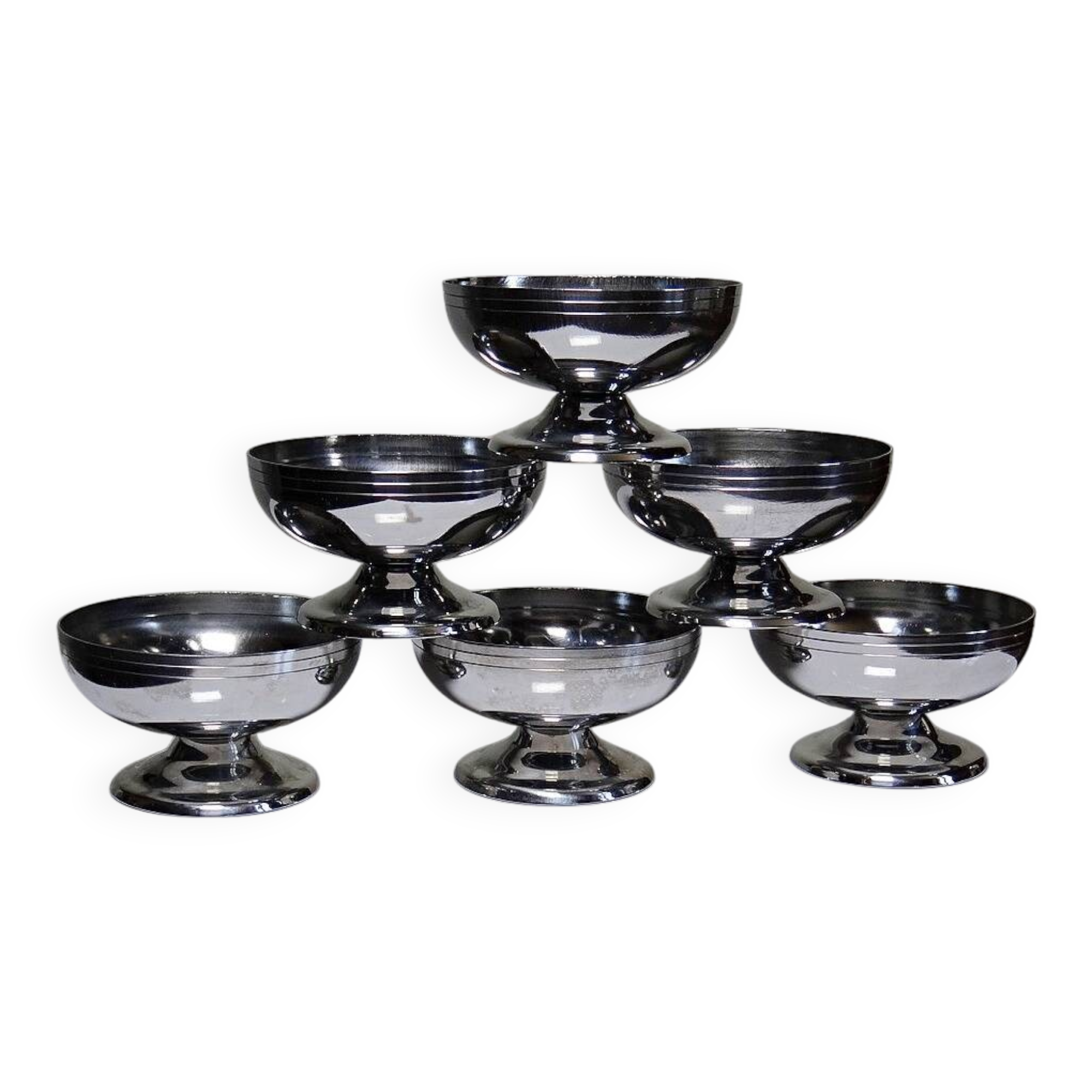 6 vintage bistro-style stainless steel dessert bowls on feet