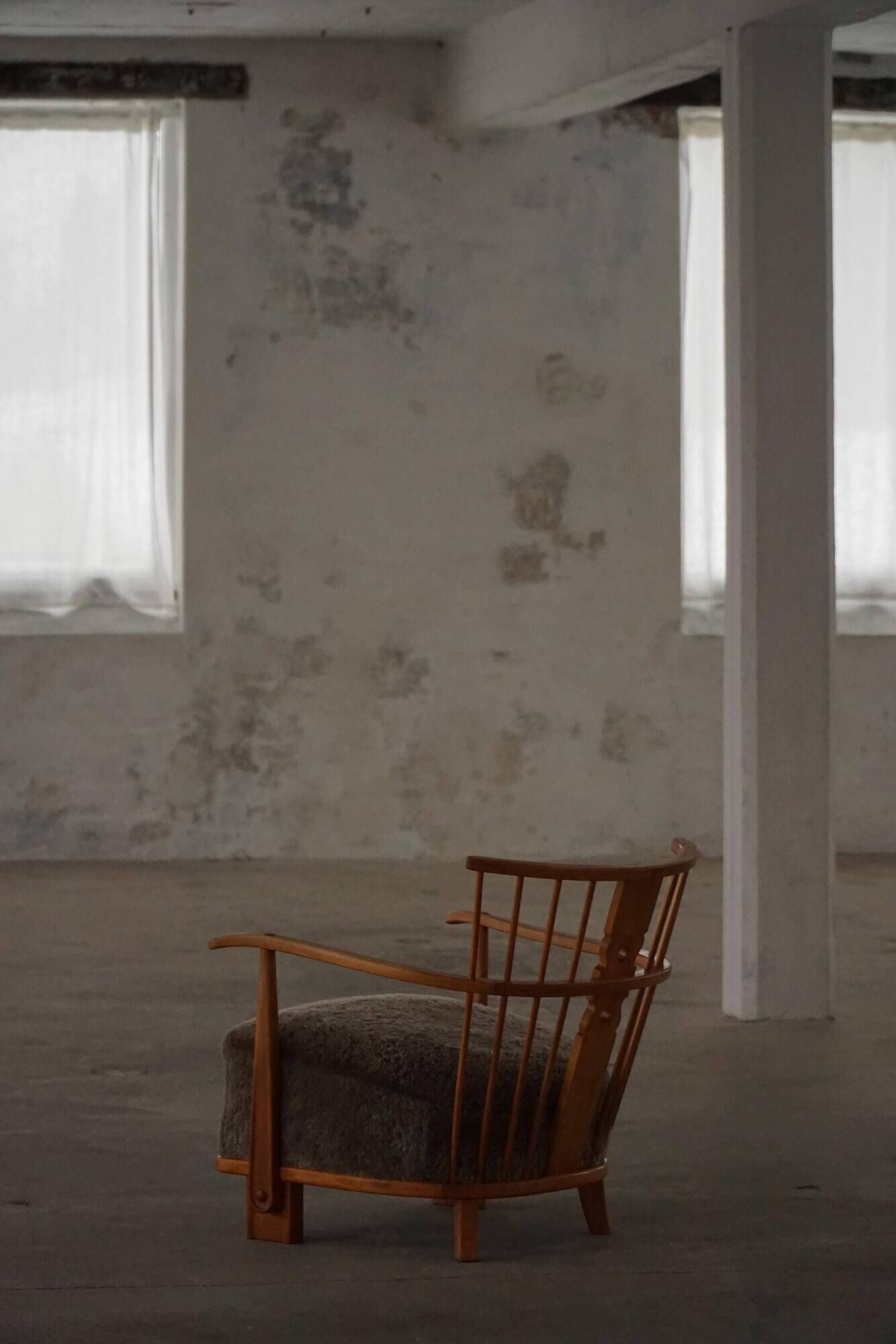 Armchair by Fritz Hansen, Model 1590, Elm & Lambswool, Scandinavian Modern, 1940s