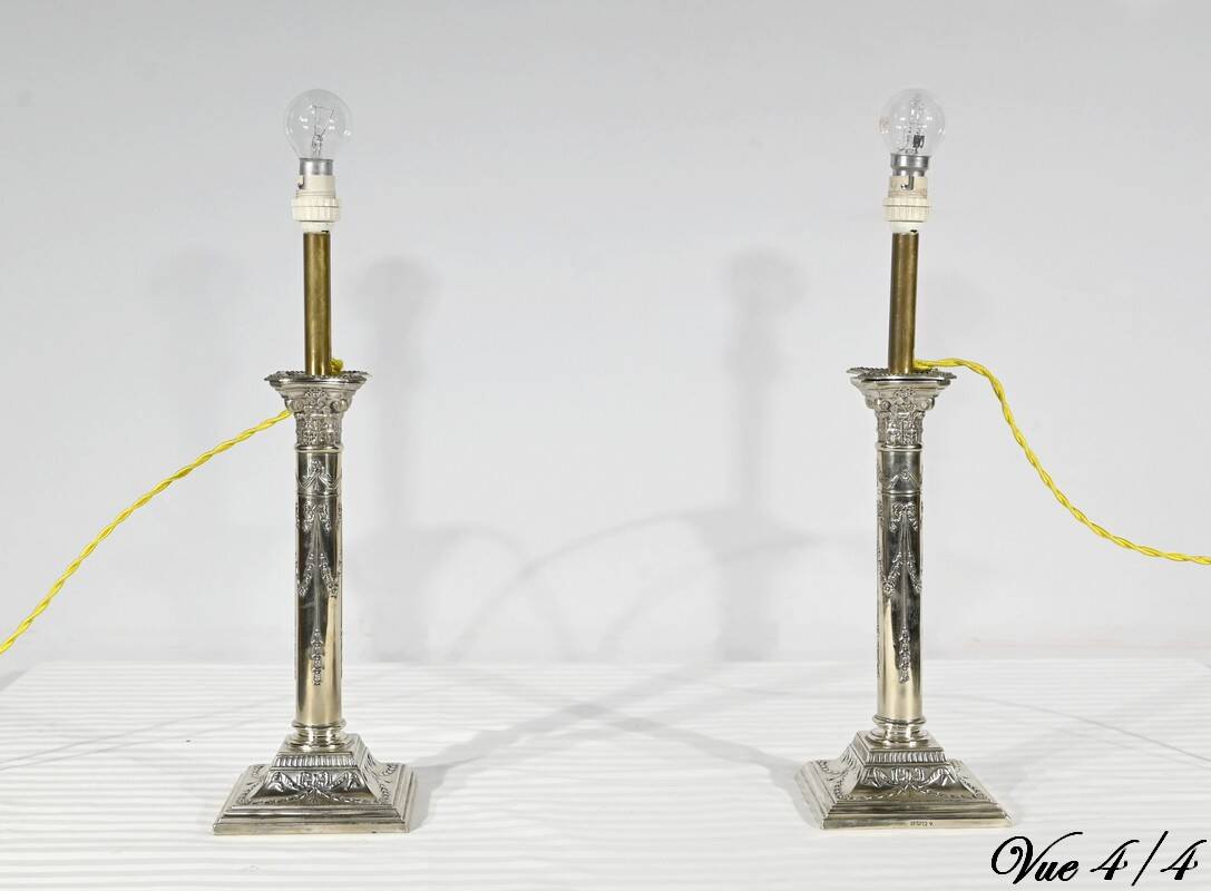 Pair of Electrified Torches in Silver Metal – Mid-19th Century