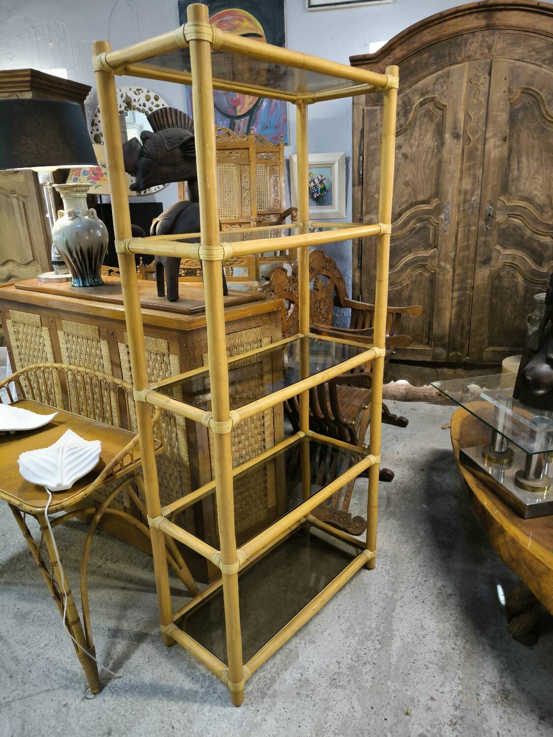 Bamboo and smoked glass bookcase, circa 1970