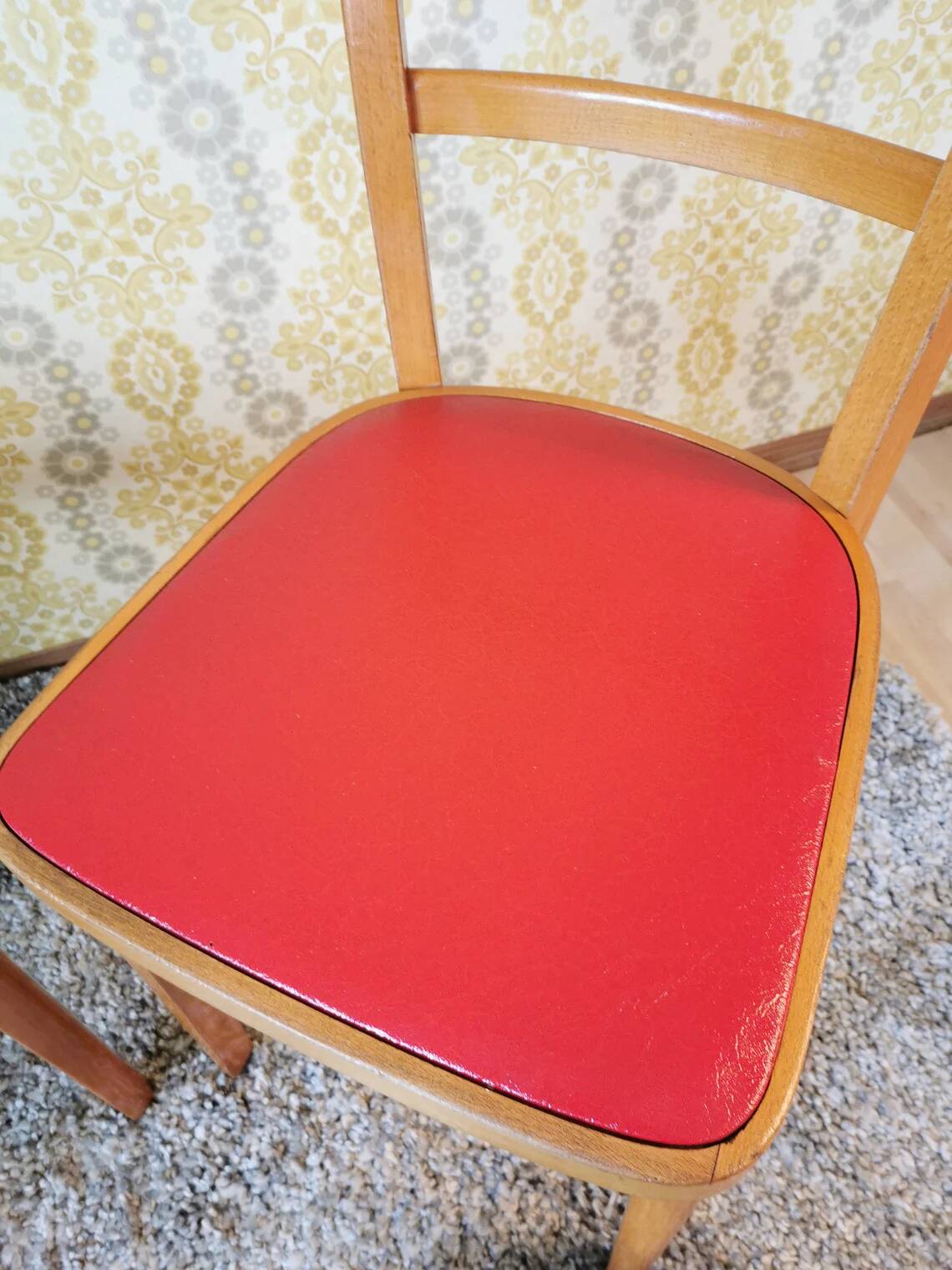 Vintage Wooden Dining Chair: Red Leather Seat, Mid-Century Modern