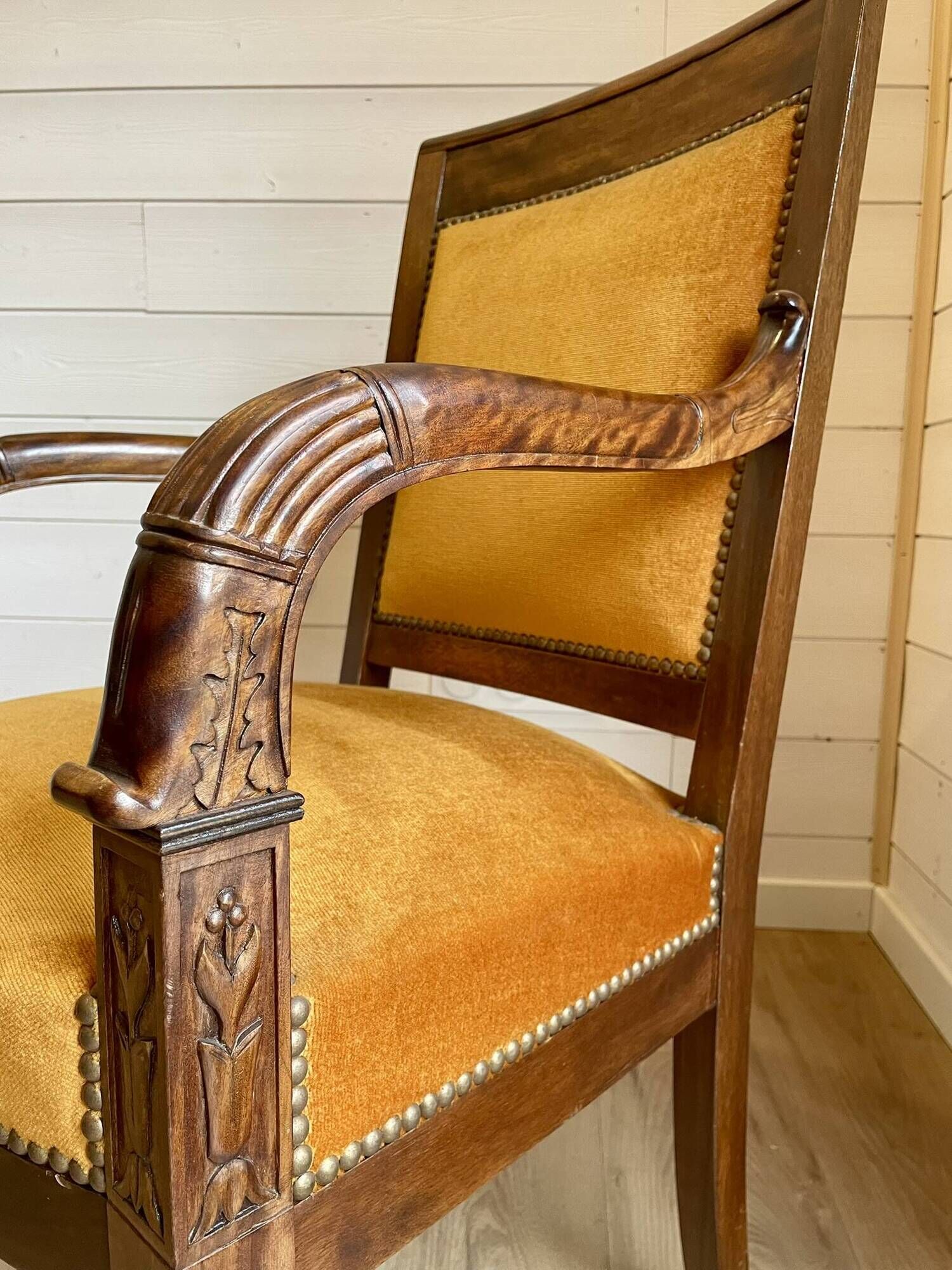 2 vintage style Directoire or Empire armchairs / cabriolets – orange velvet