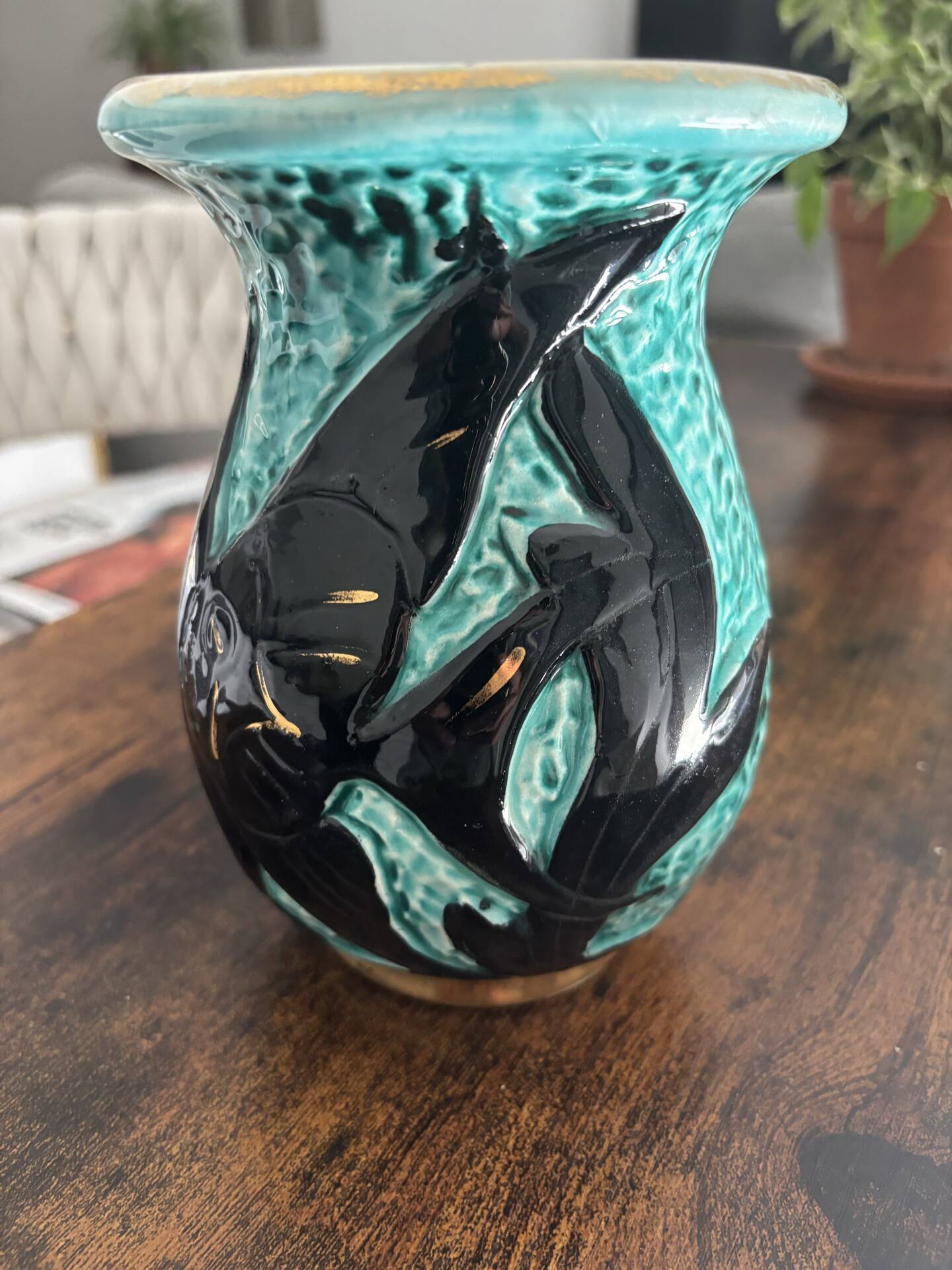 Vintage ceramic vase from Vallauris, 1950s-60s, turquoise and black.