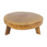 Wood coffee table, brutalist work, trapezoidal tripod base