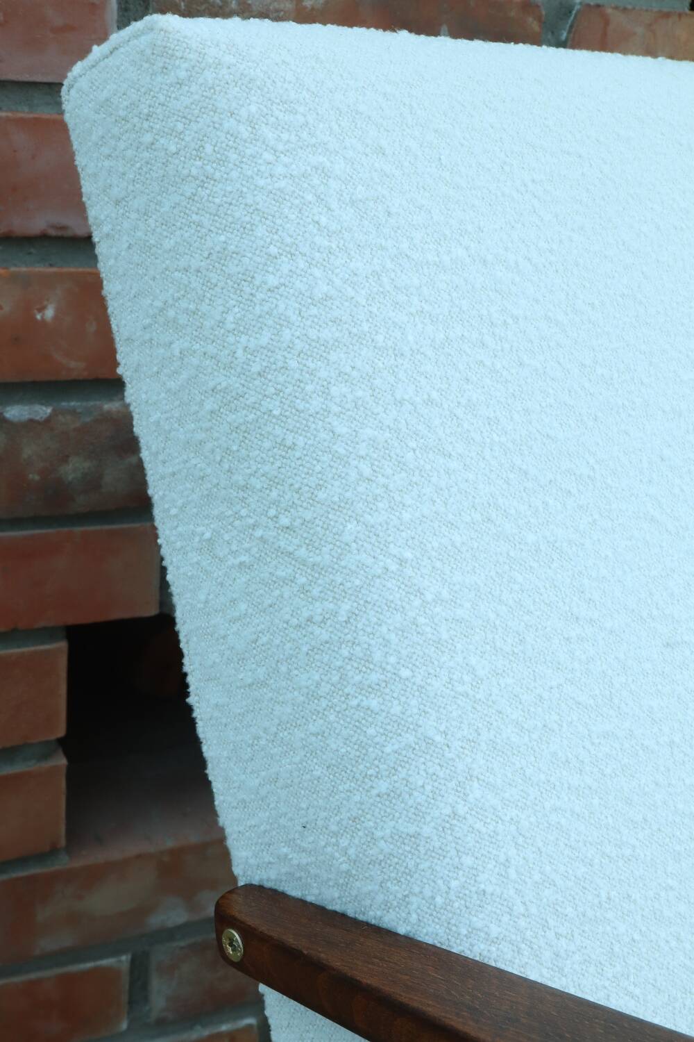 Vintage armchair mid century modern design white boucle dark walnut wood colour 1970 restored chair