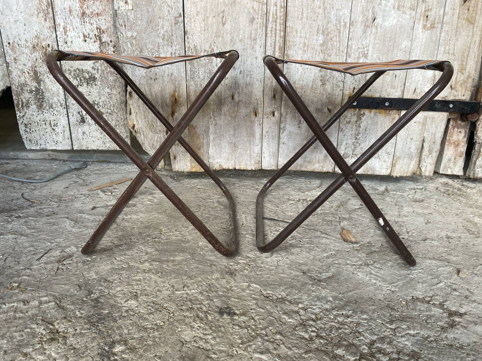 Pair of Folding Camping Fishing Stools Metal Tube + Vintage Fabric #E31
