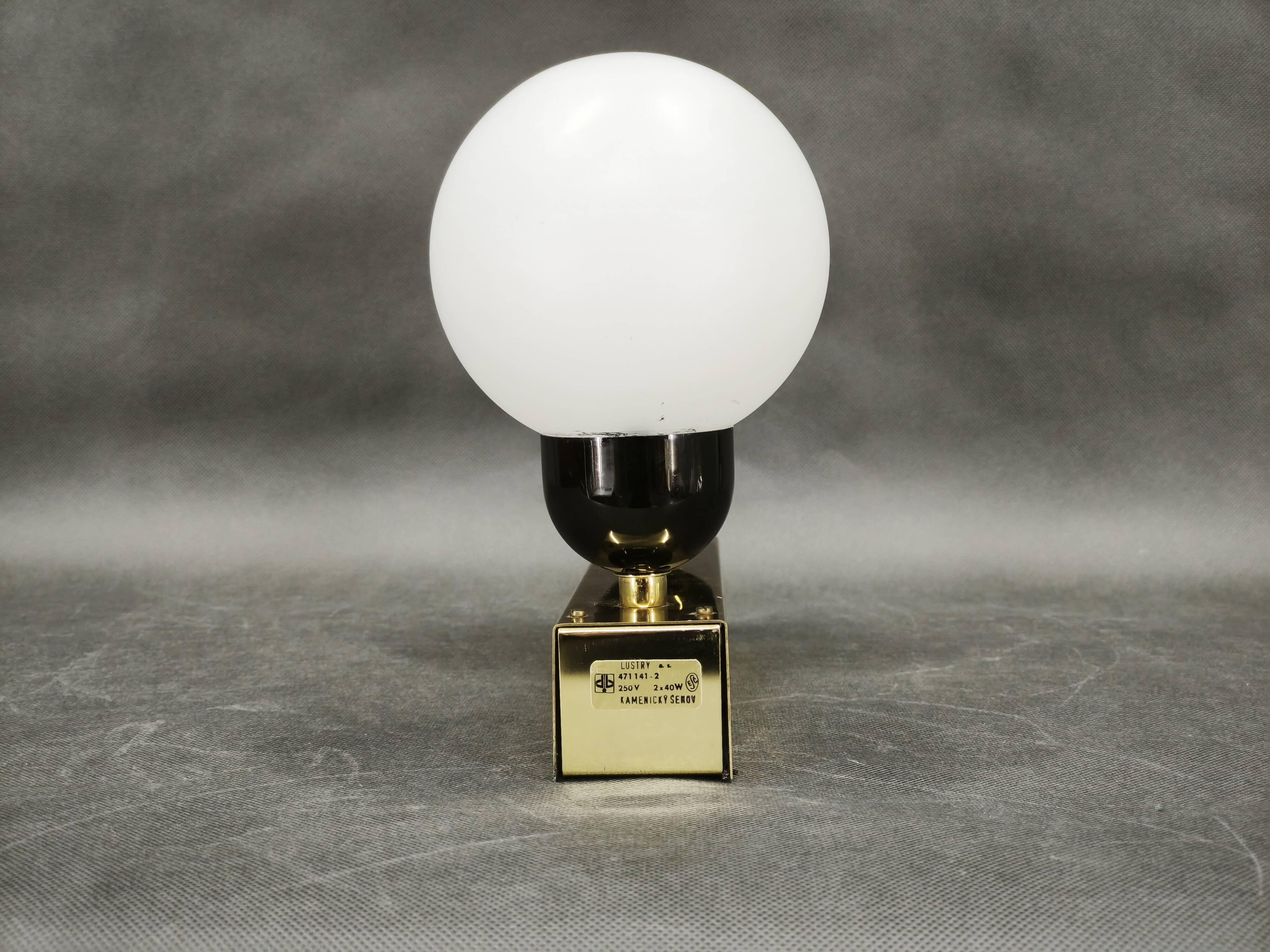 Kamenický Šenov Brass Double Globe Wall Light, Czechoslovakia, 1970s